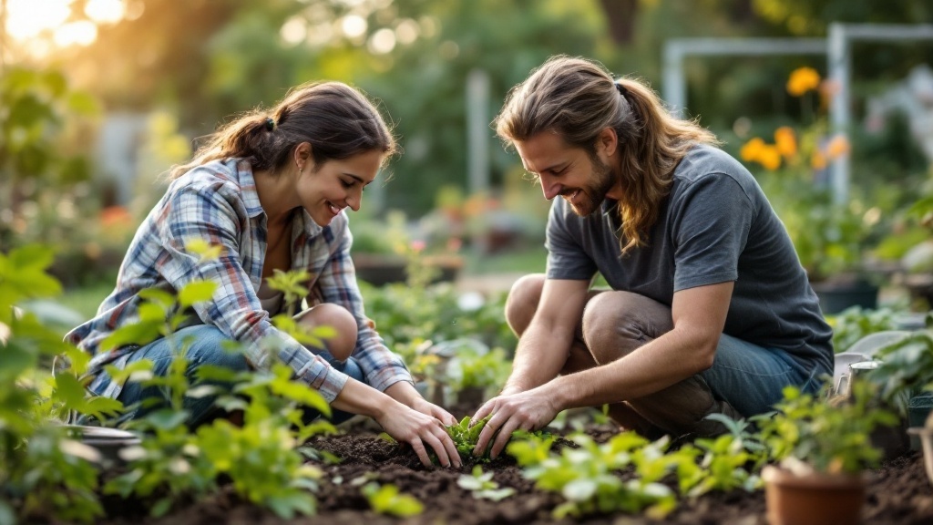 A couple working together in a garden, symbolizing mutual growth and support.