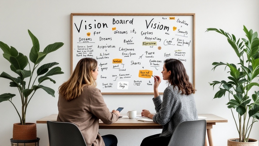 Two women discussing their vision board with goals and dreams.