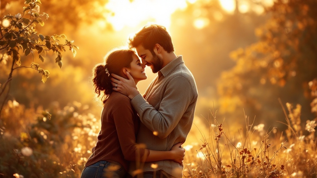 A couple embracing in a field during sunset, radiating love and connection.