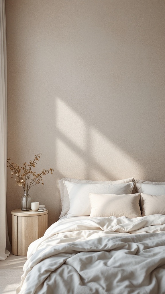 A neutral bedroom featuring a soft textured accent wall, cozy bedding, and natural decor elements.