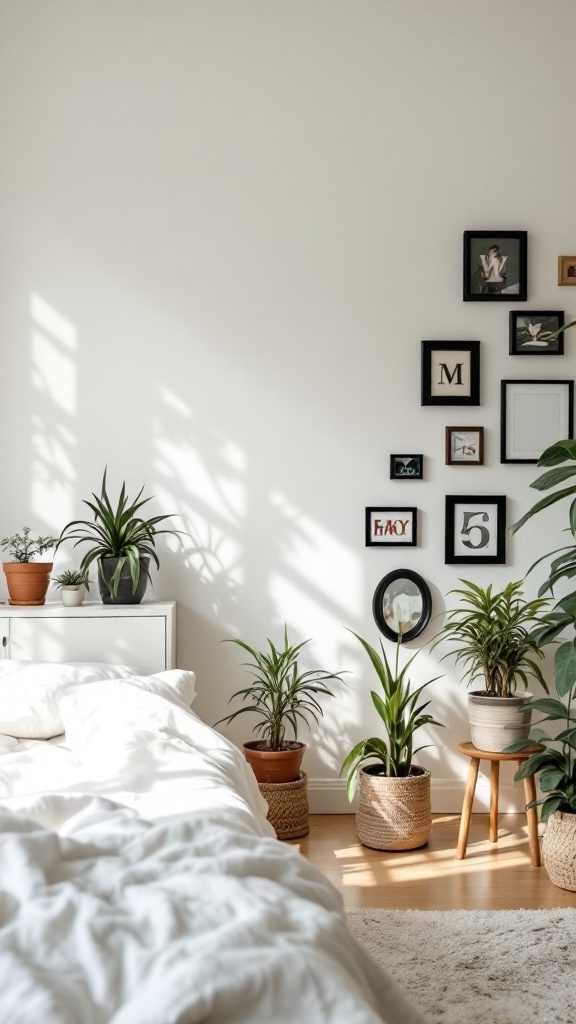 A cozy neutral bedroom with plants and wall decor.