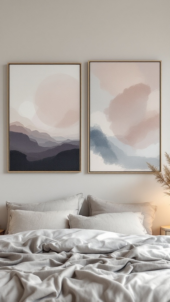 Two framed artworks in muted tones hanging above a neatly made bed