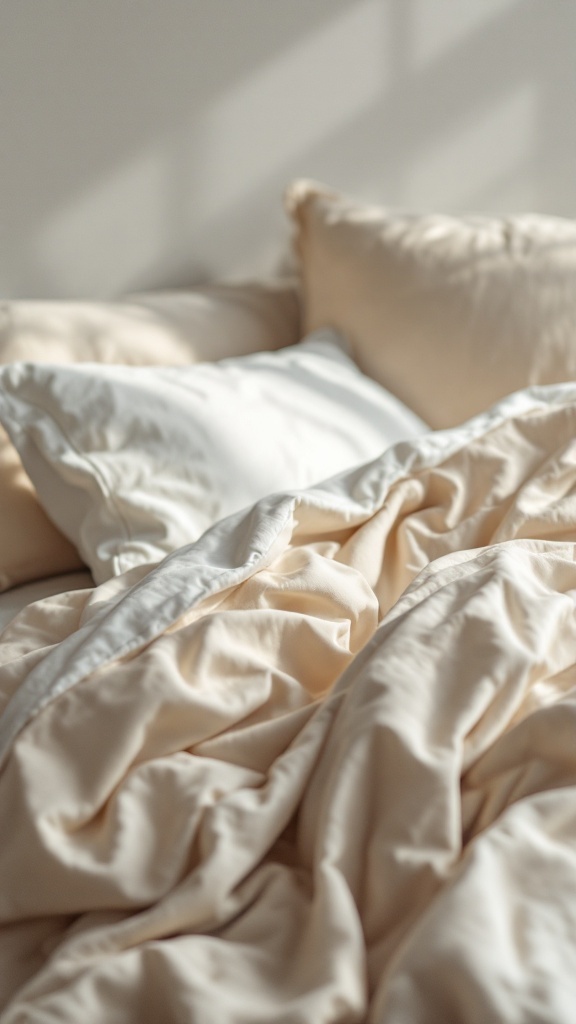 A cozy bed with wrinkled beige bedding and a white pillow