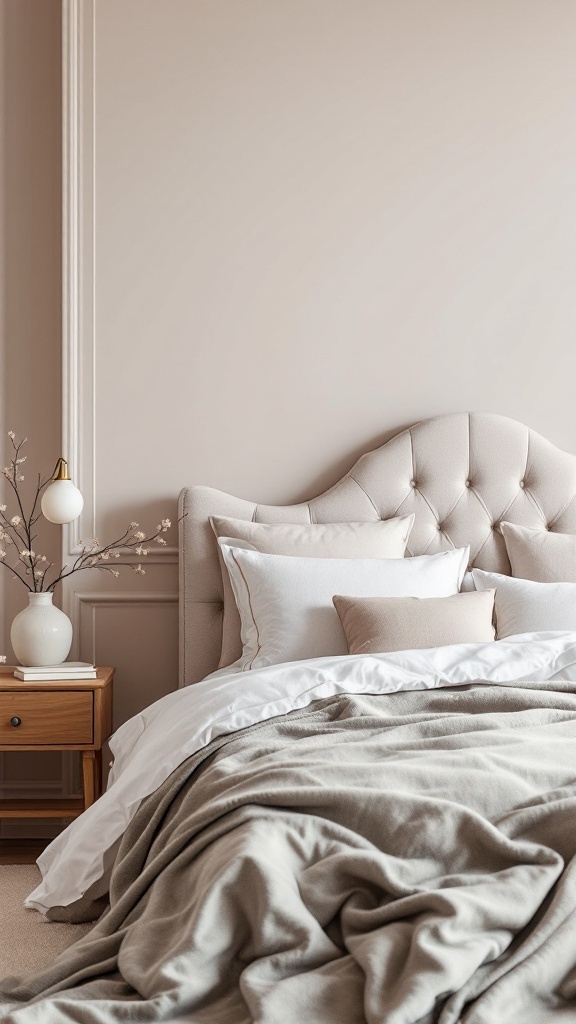 A neutral bedroom featuring a tufted headboard, layered bedding, and a wooden nightstand with a lamp and vase.