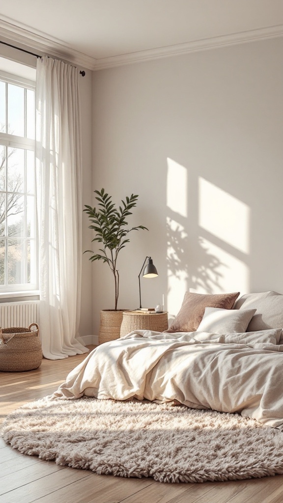 A cozy neutral bedroom featuring a fluffy round rug, soft bedding, and natural light from a large window.