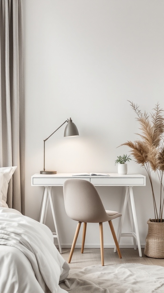 A neutral-themed bedroom workspace with a desk, chair, and decorative plants.