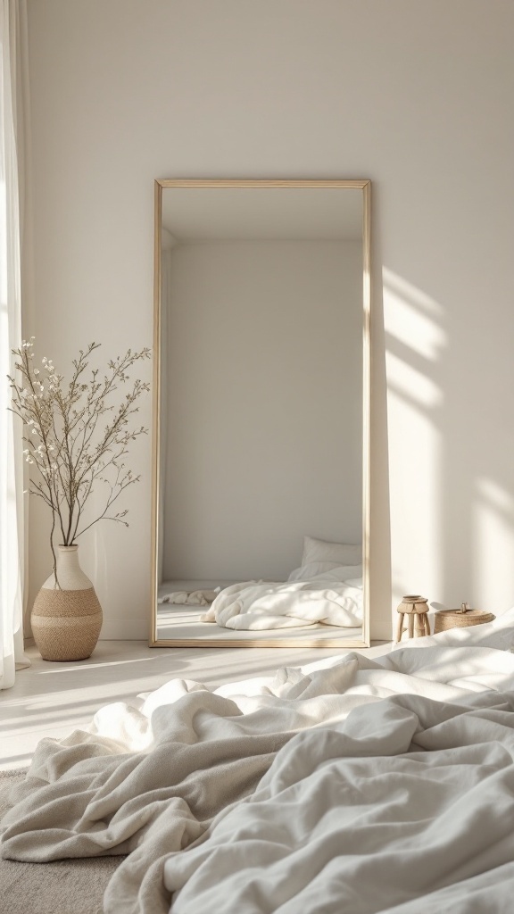A tall mirror in a neutral bedroom reflecting soft bedding and natural light.
