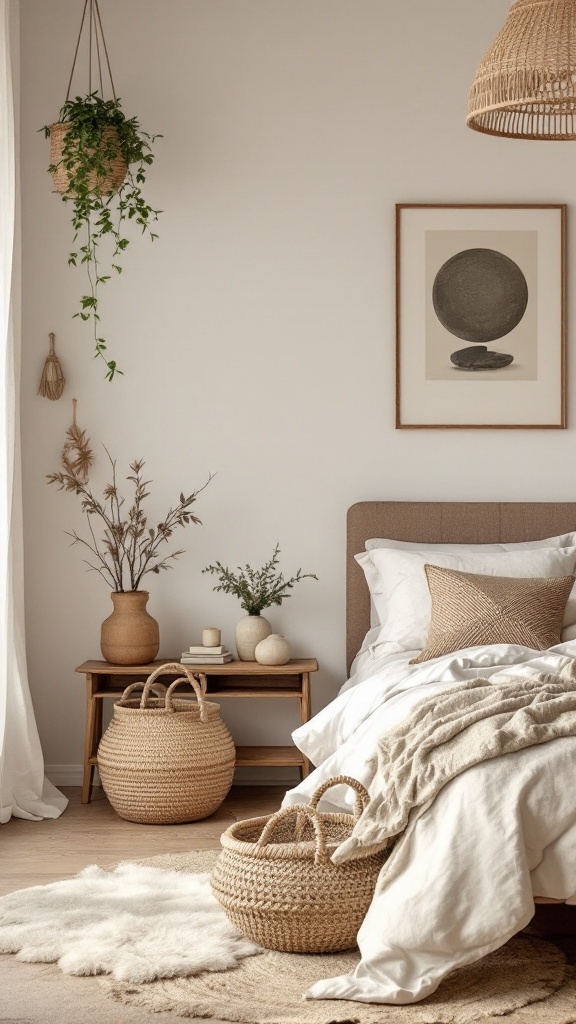 A neutral bedroom featuring natural materials like woven baskets, plants, and soft bedding.