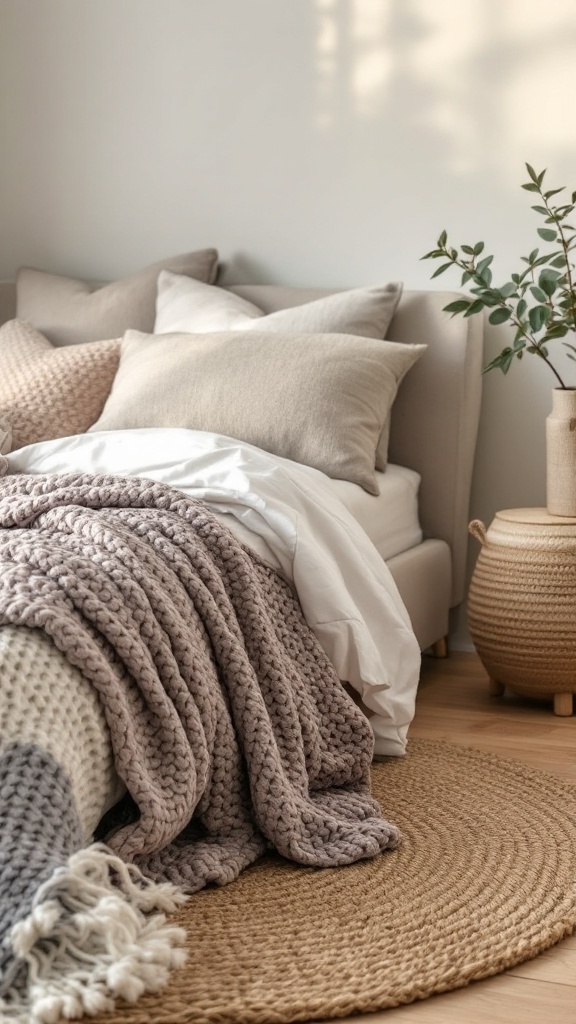 A cozy neutral bedroom with layered textures including a knitted blanket, various pillows, and a jute rug.