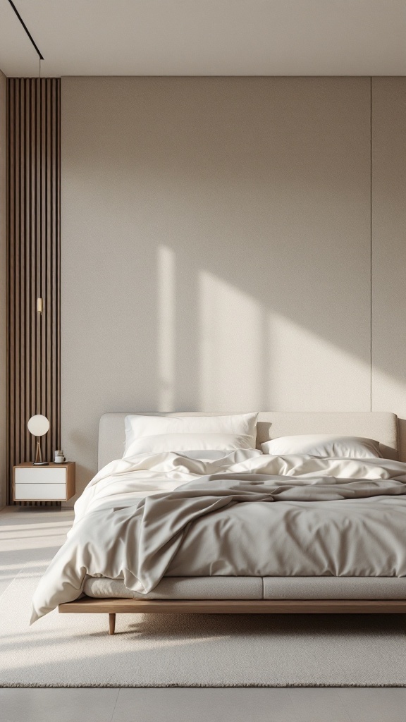 A minimalist bedroom with neutral decor, featuring a low-profile bed and a simple bedside table.