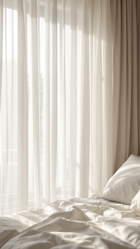 A close-up of sheer curtains allowing soft natural light to enter a neutral bedroom.