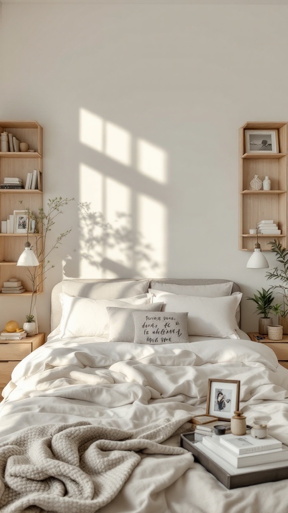 A neutral bedroom with cozy decor, featuring layered bedding, decorative pillows, plants, and framed photos.