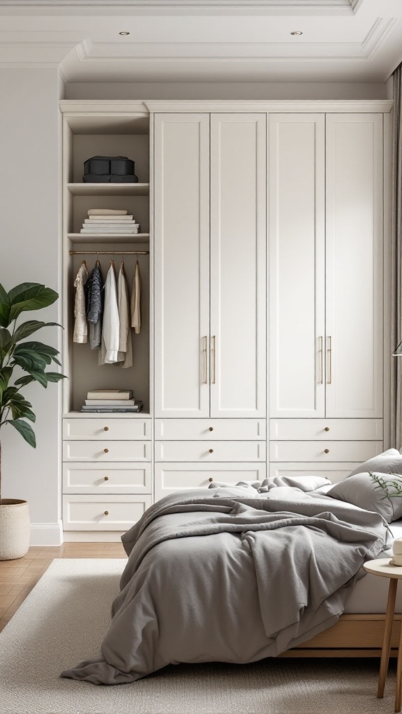 Neutral bedroom with smart storage solutions, featuring a wardrobe, shelves, and a plant