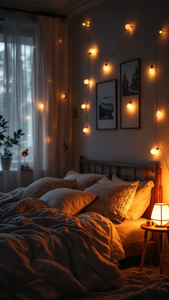 Cozy neutral bedroom with soft lighting and decorative pillows