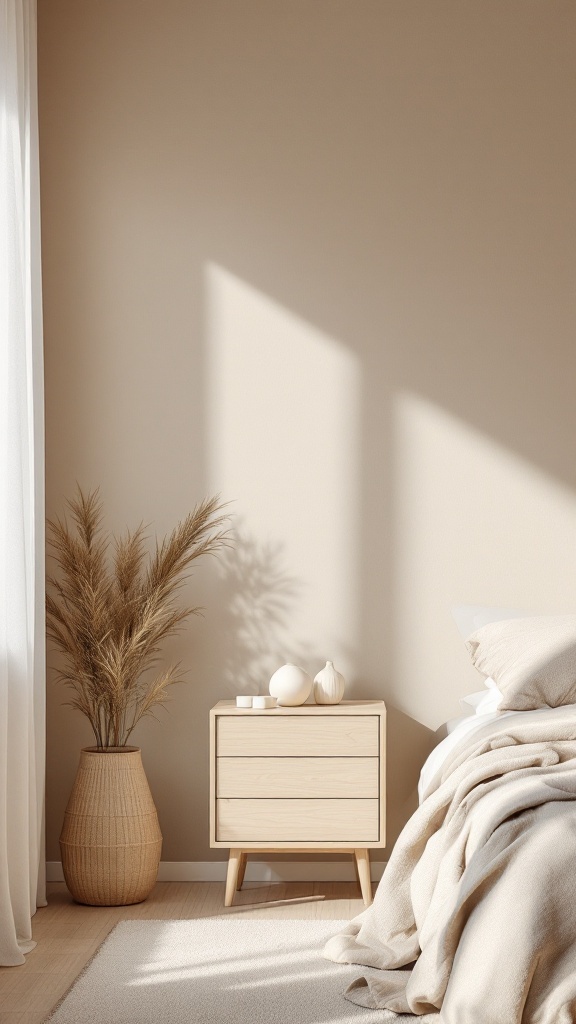 A neutral bedroom with beige walls, a light-colored nightstand, cozy bedding, and a decorative plant in a textured pot.