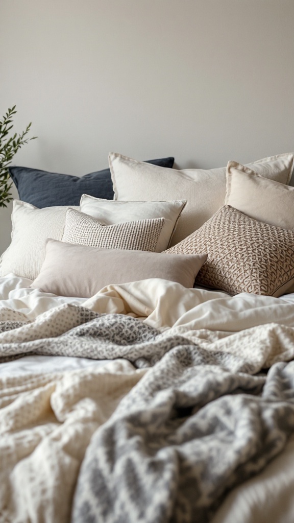 A cozy bed with layered neutral-colored pillows and blankets.