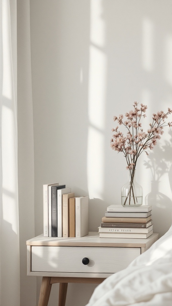 A minimalistic bedside table with books and a vase of flowers in a neutral bedroom setting.