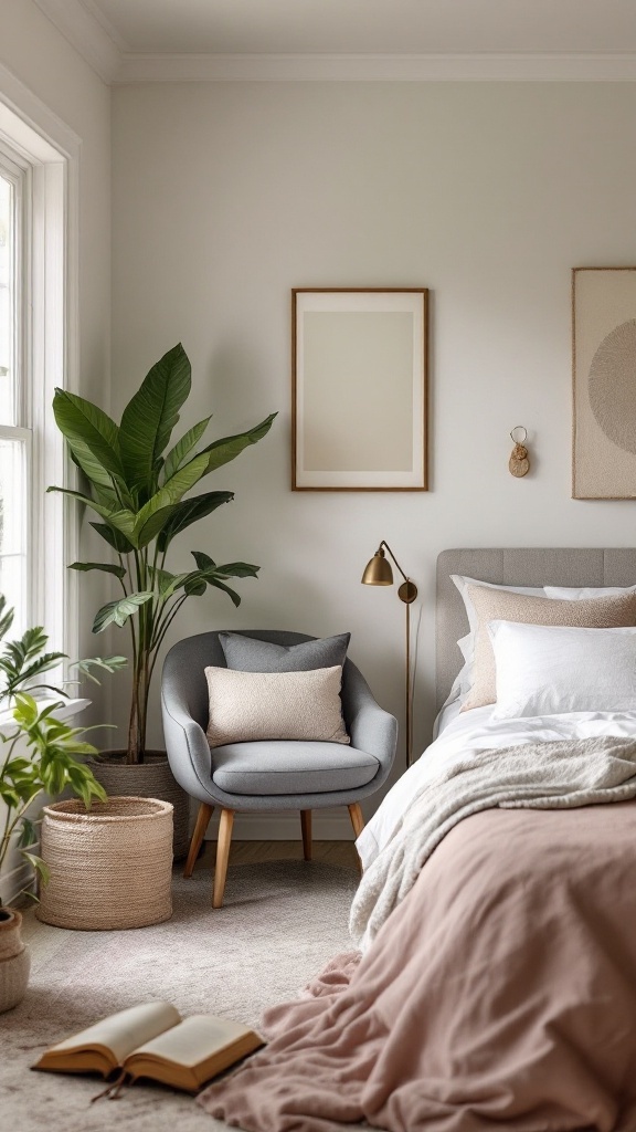 A neutral bedroom with soft bedding, a comfortable chair, and natural plants