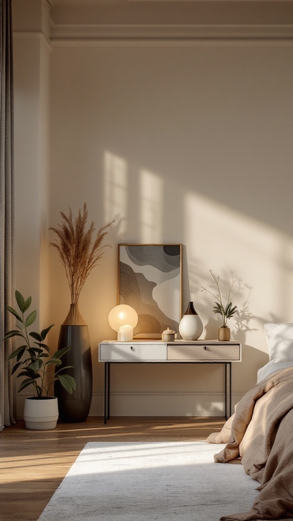 A neutral bedroom decor featuring varied surface finishes with plants, lamps, and textured textiles.