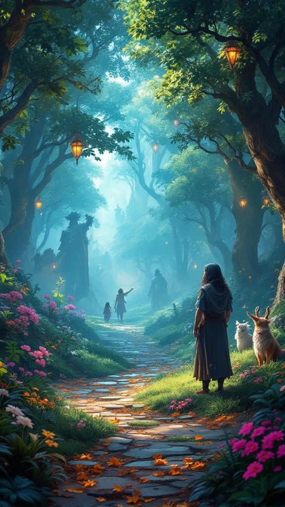 A mystical forest path with glowing lanterns, flowers, and figures in the distance, representing an enchanting visual novel.