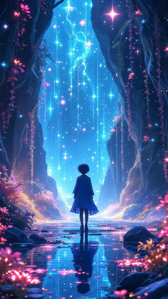 A girl standing in a magical landscape surrounded by glowing lights and flowers.