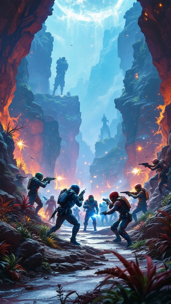 A group of futuristic warriors in a colorful environment preparing for a standoff.