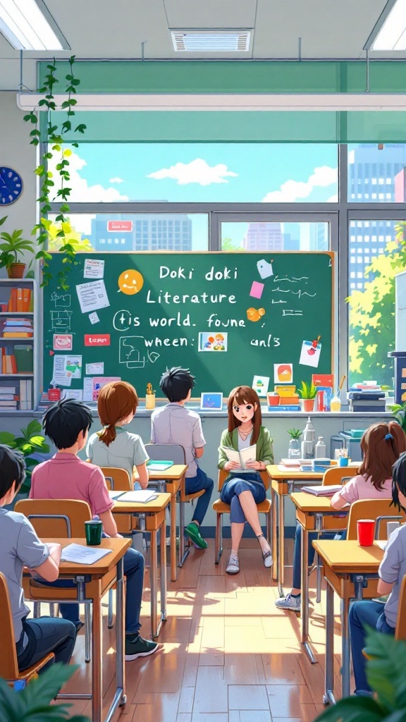 A classroom scene from Doki Doki Literature Club, featuring students and a chalkboard with notes.