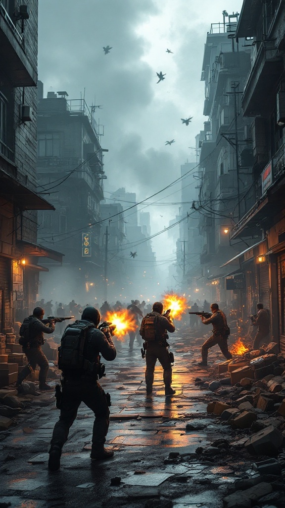 Soldiers engaged in a chaotic firefight in a dark, war-torn street