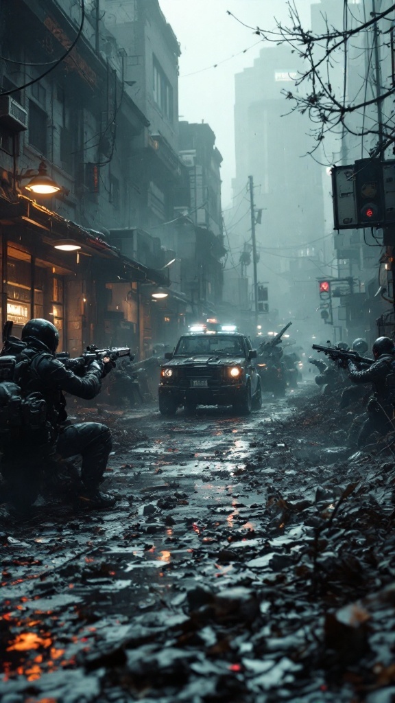 Intense urban combat scene with soldiers taking cover and preparing for a standoff.