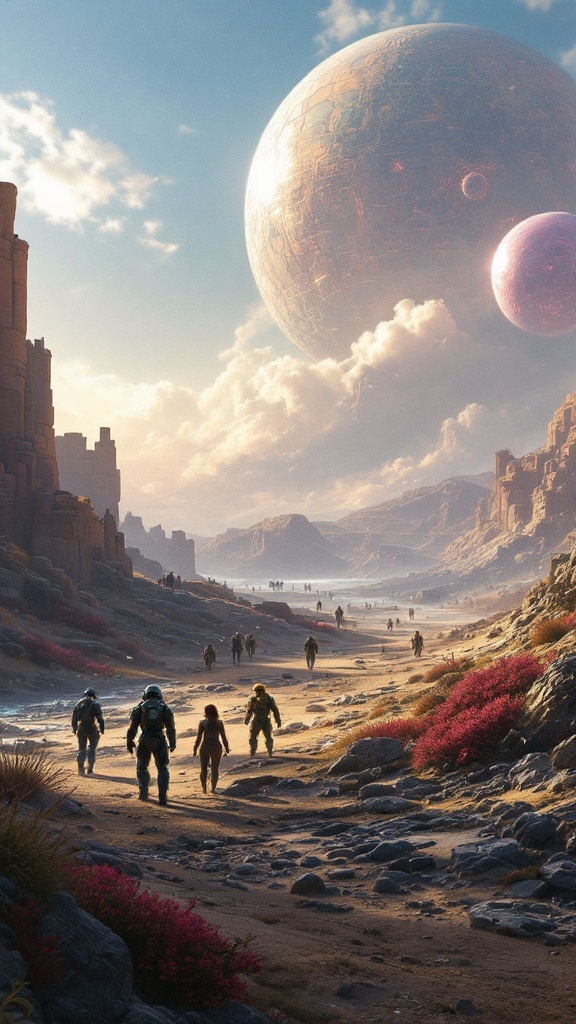 A group of armored soldiers walking across an alien landscape with distant planets in the sky