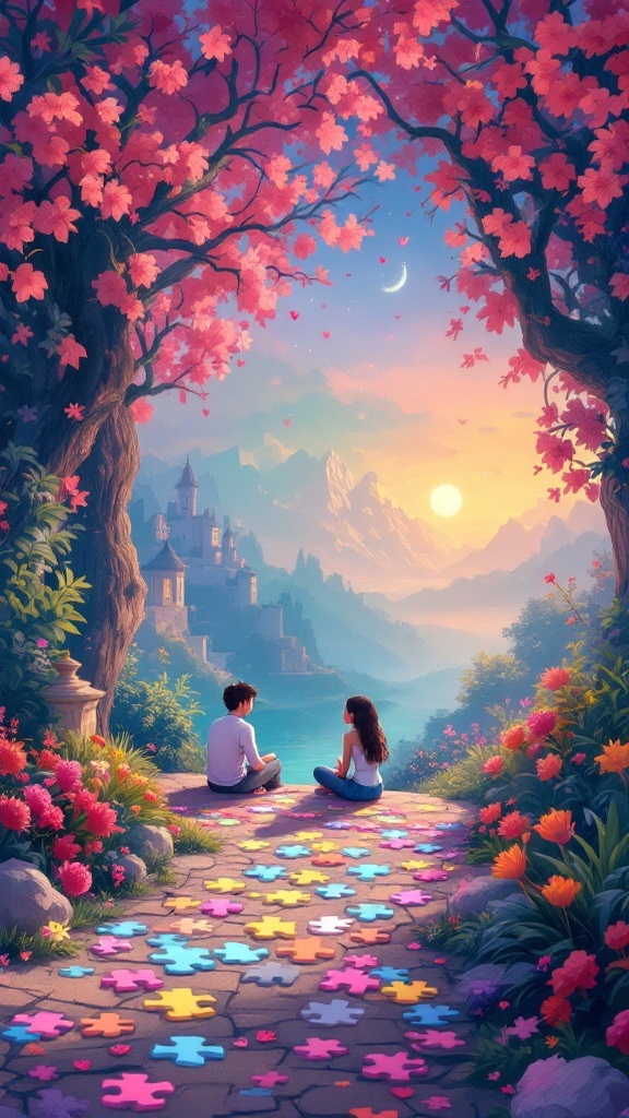 A romantic scene with two characters sitting on a colorful, puzzle-patterned path surrounded by flowers and a sunset backdrop.