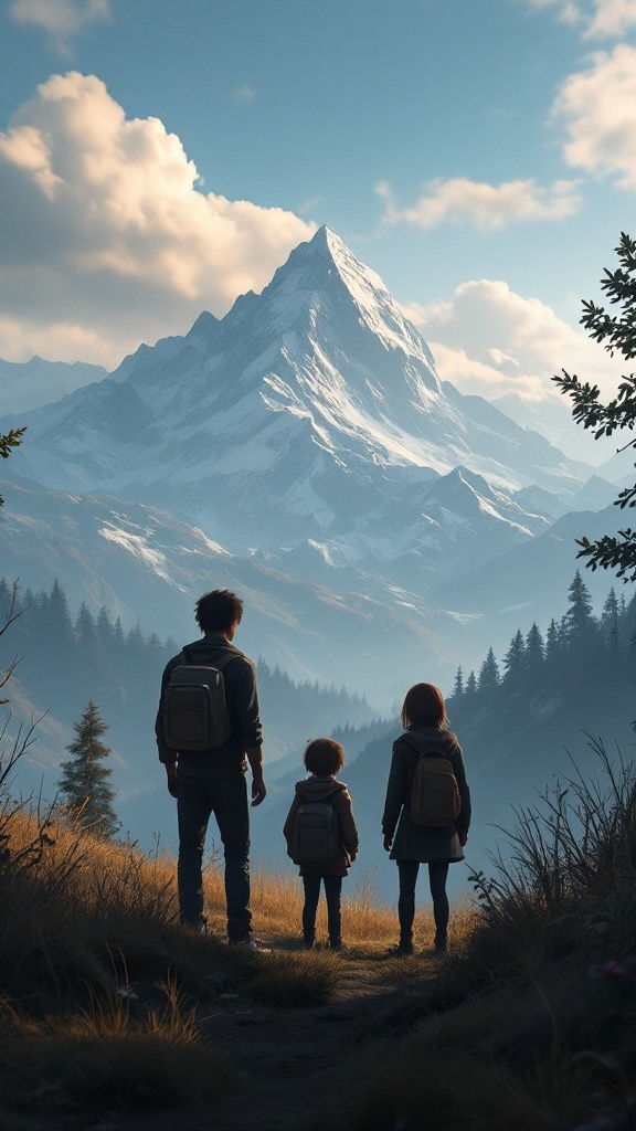 A scenic view of mountains with two children and an adult standing in front, symbolizing exploration and adventure.