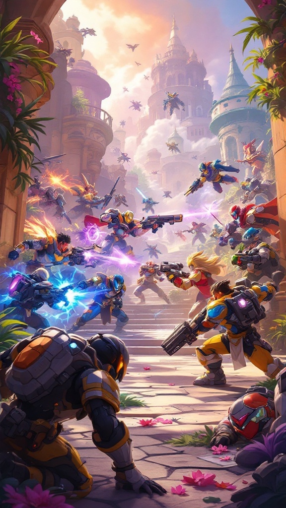 Overwatch battle scene featuring colorful heroes in action amidst a vibrant, detailed environment.