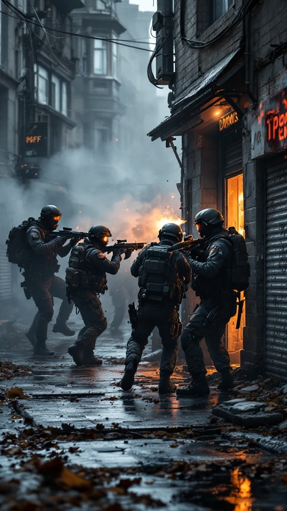 A group of tactical soldiers preparing for an operation in an urban setting with smoke and explosions.