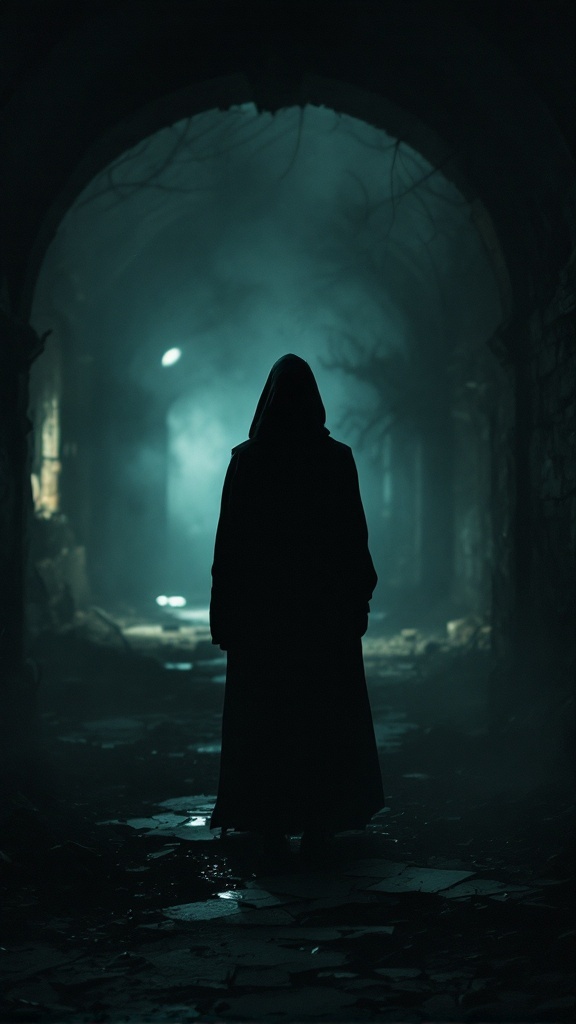 A cloaked figure standing in a dark, misty corridor, creating a spooky atmosphere.