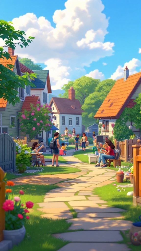 A vibrant neighborhood scene with people interacting, surrounded by colorful houses and greenery.