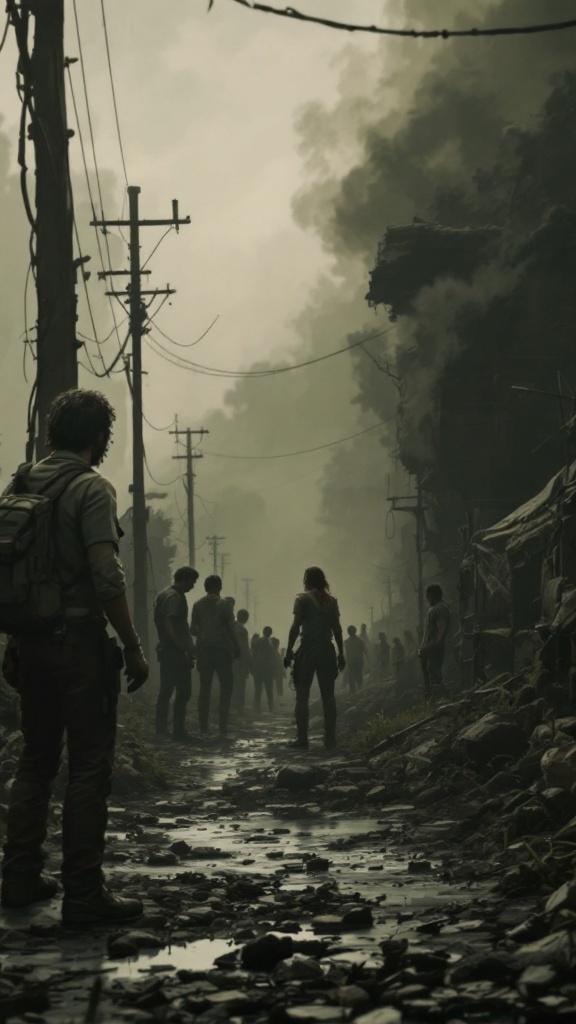 A group of people standing in a muddy street during a post-apocalyptic scene.