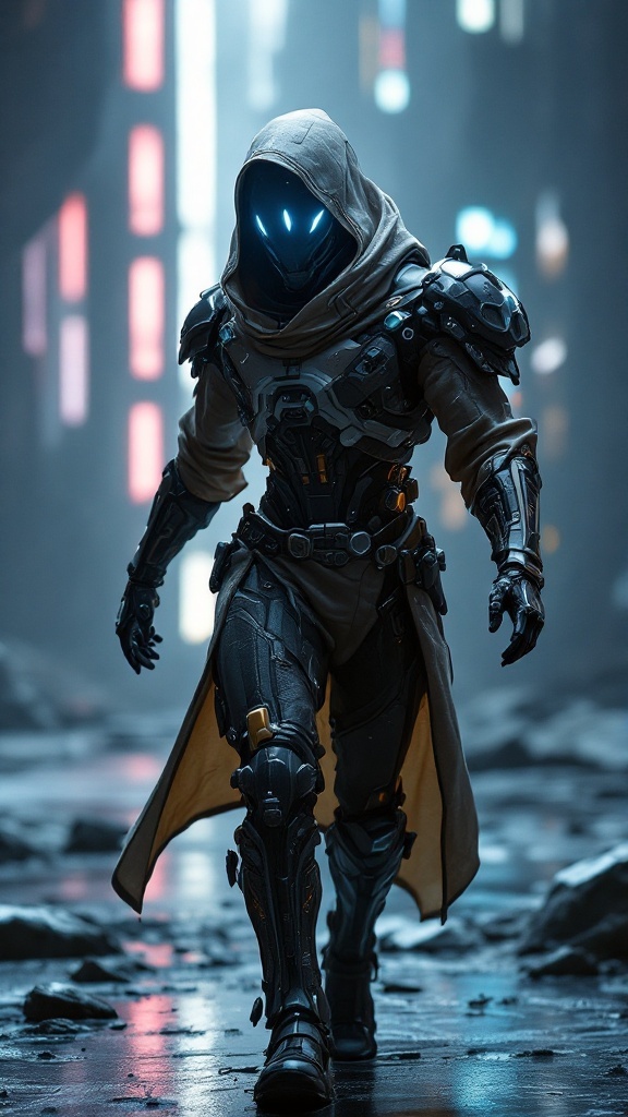 A futuristic character in sleek armor with glowing accents, walking through a vibrant, technologically advanced environment.