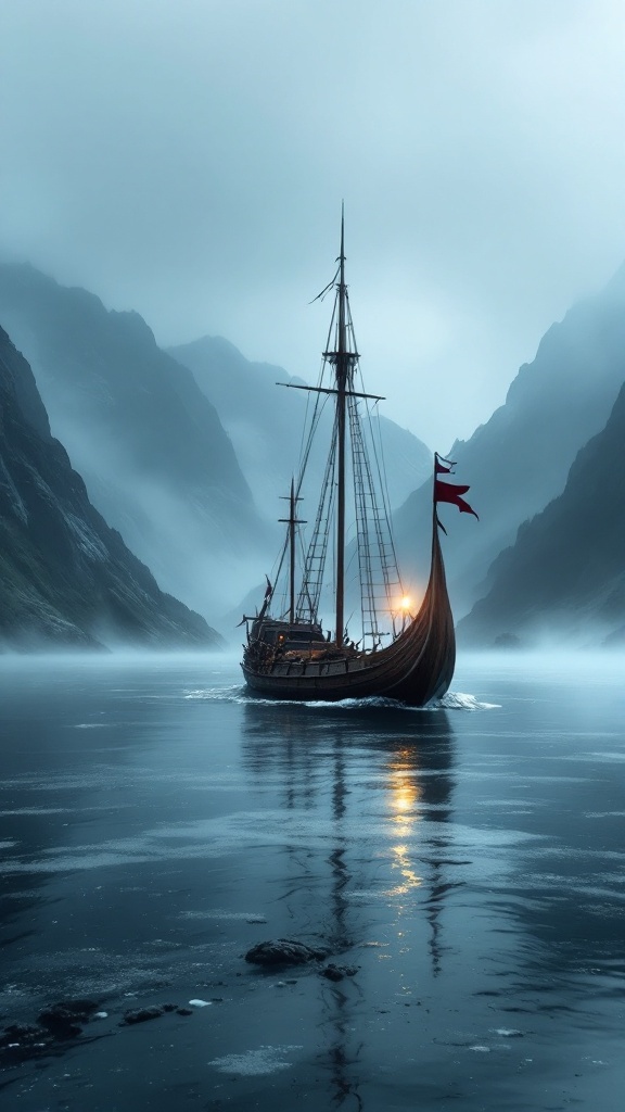 A longship sailing through a misty fjord, surrounded by mountains.