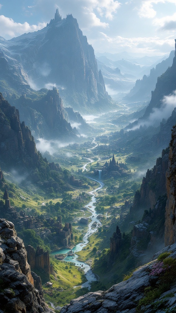 A scenic landscape featuring towering mountains and a winding river in a fantasy setting.