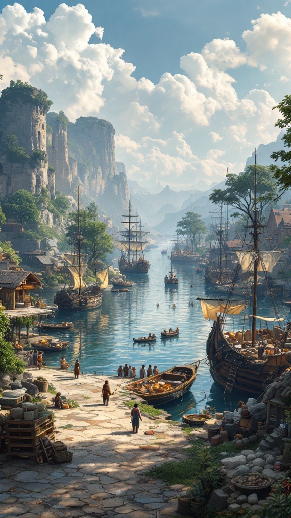 A scenic harbor with boats and cliffs, representing exploration themes in ArcheAge.