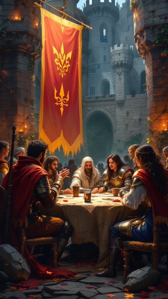 A group of characters sitting around a table in a medieval castle, discussing strategy with a banner hanging above.