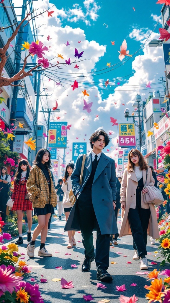 A vibrant street scene with colorful flowers and butterflies, showcasing a group of stylish individuals walking together.