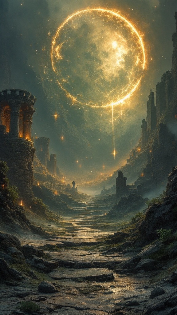 A mystical landscape featuring ancient ruins under a glowing, circular sky.