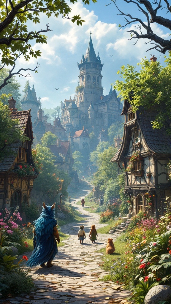 A fantasy village scene from Fable 3, featuring quaint houses, vibrant flowers, and a character leading companions towards a castle.