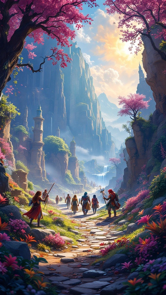 A group of adventurers walking down a flower-lined path, surrounded by mountains and cherry blossom trees, representing epic quests in Lost Ark.