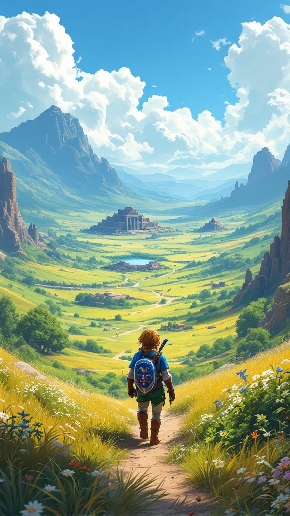Link standing in a lush valley, looking towards ancient ruins in Breath of the Wild.