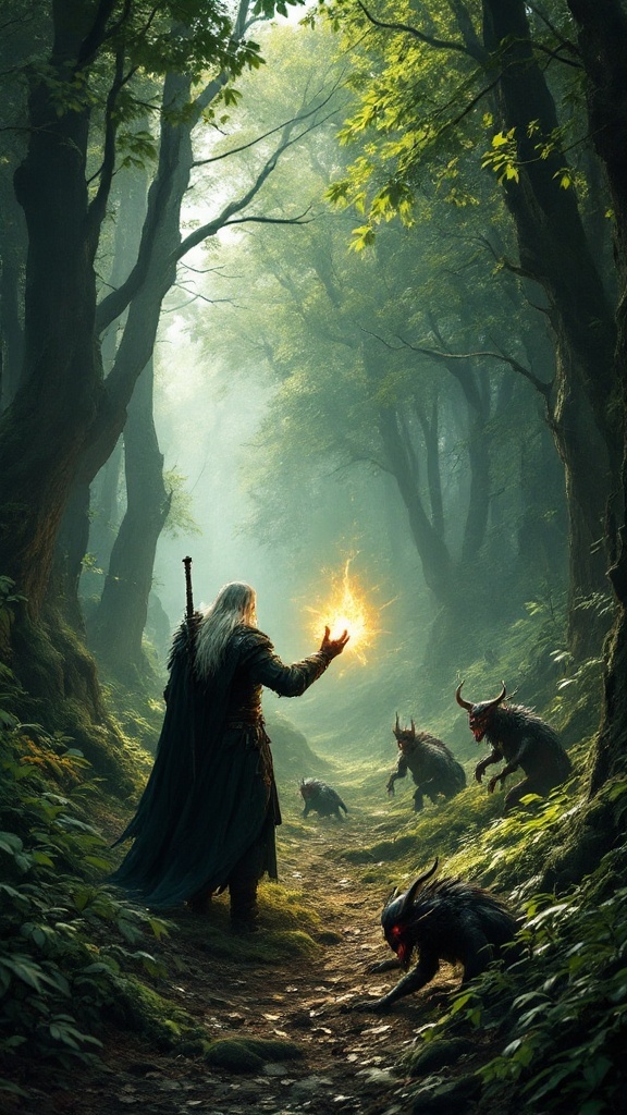 Geralt of Rivia casting a spell in a dark forest surrounded by creatures.