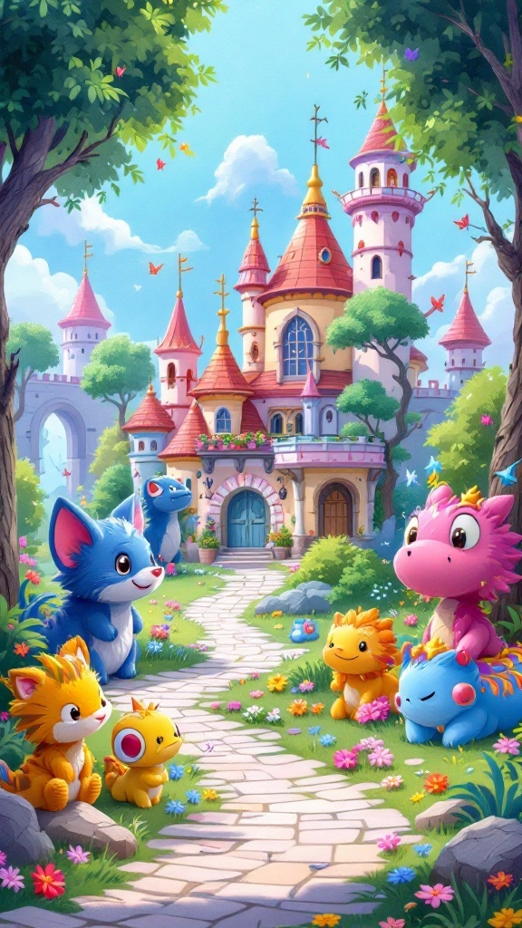 A vibrant fantasy landscape featuring cute creatures and a colorful castle, reflecting the magic and adventure of Ni no Kuni II: Revenant Kingdom.