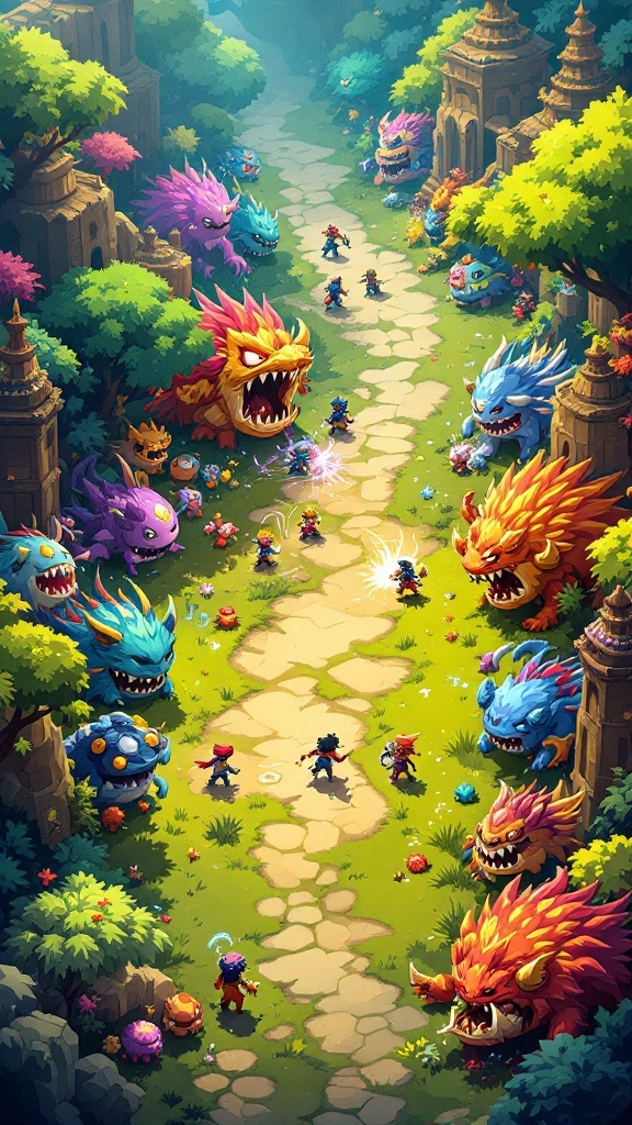 A colorful scene from Realm of the Mad God showing characters battling various monsters in a lush environment.